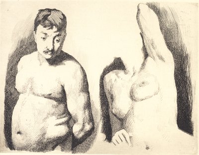 Tavola di prova con due studi di modelli nudi maschili e femminili a mezzobusto da Frans Schwartz