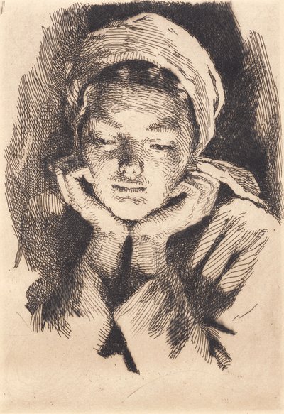 Giovane donna con cappello, di fronte, appoggiando la testa sulle mani. Mezzobusto da Frans Schwartz