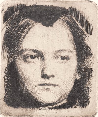 Giovane testa di donna, di fronte, con scialle. Prova di stampa da Frans Schwartz