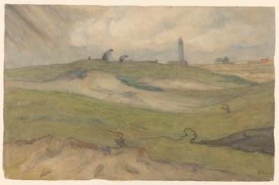 Paesaggio dunale con faro e riparatori di reti da Frans Alexander Evert Lodewijk Smissaert
