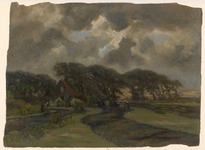 Casetta vicino al bordo degli alberi e donne con reti da pesca da Frans Alexander Evert Lodewijk Smissaert