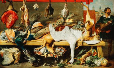 Bancarella del macellaio con gatti e gattini che giocano e un macellaio che tiene una testa di cinghiale da Frans Snyders or Snijders
