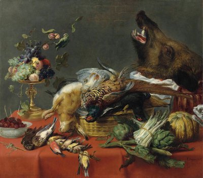 Tavola imbandita con selvaggina, frutta, verdura e testa di cinghiale da Frans Snyders