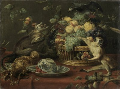 Scimmie e pappagalli vicino a un cesto di frutta da Frans Snyders