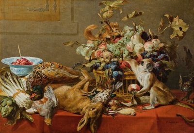 Natura morta con frutta, selvaggina morta, verdure, una scimmia viva, uno scoiattolo e un gatto da Frans Snyders