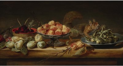 Natura morta con pesche in una tazza, nocciole su un piatto di peltro, lamponi in un cestino, con pere e uno scoiattolo su un tavolo
olio su pannello da Frans Snyders