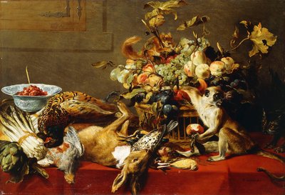 Un cesto di frutta su un tavolo drappeggiato con selvaggina morta e una scimmia da Frans Snyders or Snijders