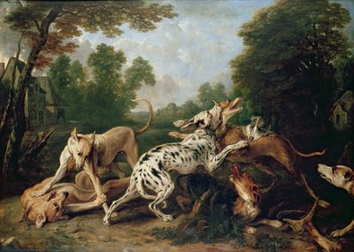 Cani che combattono in una radura boschiva da Frans Snyders or Snijders