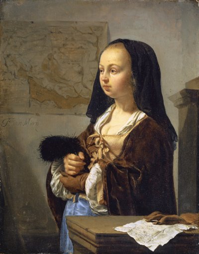 Giovane donna con ventaglio di piume pronta per uscire, 1657-59 da Frans van Mieris