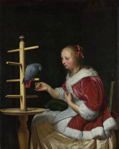 Una donna in giacca rossa che nutre un pappagallo da Frans van Mieris the Elder