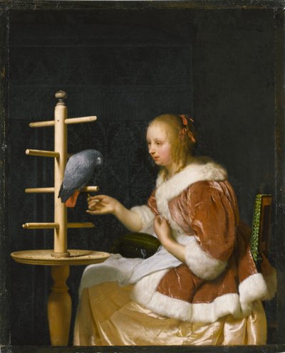 Giovane donna che nutre un pappagallo, 1663 da Frans van Mieris the Elder