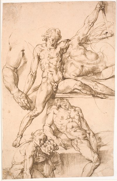 Foglio con studi: in alto due uomini che lottano e studio di un braccio destro. Sotto: un uomo seduto inclinato all