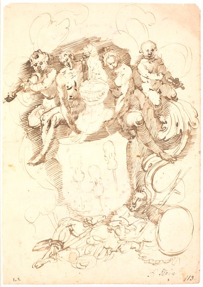 Composizione araldica: stemma con tre violini rovesciati, elmo coronato da cane, circondato da due figure e due putti che suonano il violino, il tutto poggiato su una figura maschile sdraiata (Nettuno?) da Frantz Cleyn