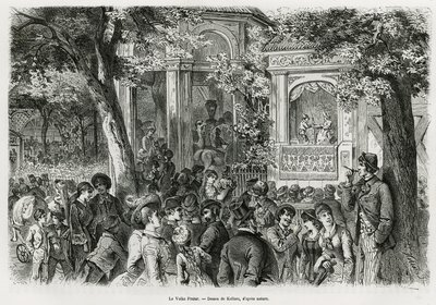 Il Volks Prater: parte popolare del principale prater, che offre numerose distrazioni, circo, orchestra e spettacolo di marionette. Incisione di Kollarz, per illustrare il racconto Vienna e i suoi sobborghi, di M. Newlinski, nel 1881, pubblicato in Le tour da Franz (after) Kollarz