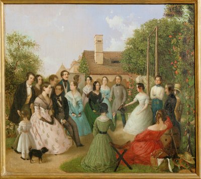 Pfaenderspiele der Familienmitglieder Alt im Garten - Gioco a premi nel giardino della famiglia Alt ... (dipinto su tela) da Franz Alt