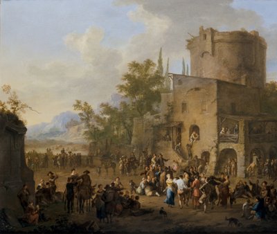 Veduta di una città italiana con figure che ballano il saltarello da Franz Ferg