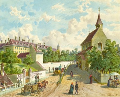 La strada di Währing a Vienna con la casa di assistenza "Zum Blauen Herrgott" e la "Cappella dei Croati" da Franz Gerasch
