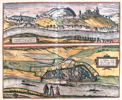 Veduta accurata della città di Saarburg e della città di Pfaltz an der Mosel, Germania (incisione) da Franz Hogenberg