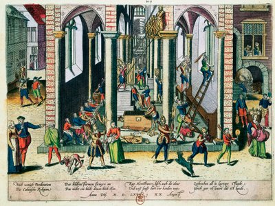 Distruzione di reliquie e statue nelle chiese, aprile 1566 da Franz Hogenberg