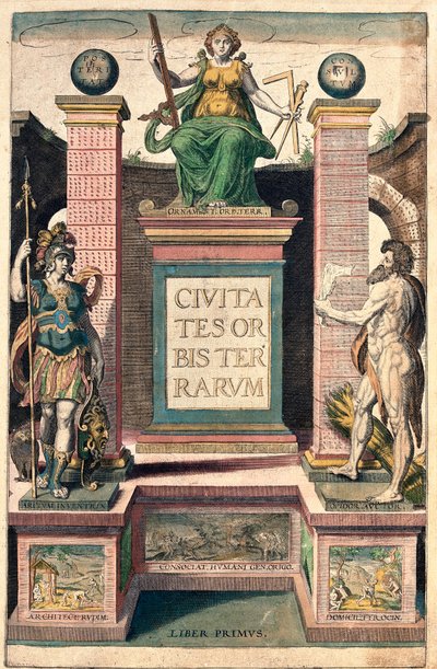 Frontespizio del primo volume: allegoria della geografia, una donna che tiene compasso, squadra e righello, trionfando sopra una soldatessa e un uomo nudo da Franz Hogenberg