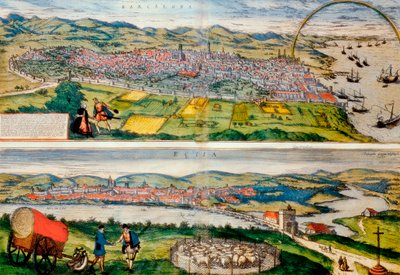Mappa di Barcellona ed Écija da Civitates Orbis Terrarum di Georg Braun da Franz Hogenberg