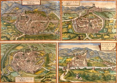 Mappa di Weissenburg in Germania, Rouffach e Colmar in Francia e Baden in Svizzera da Franz Hogenberg