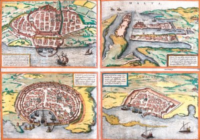 Piano di Cagliari (Calaris), Sardegna (Italia), Malta (Malta), Rodi (Rhodus) e Famagosta (Famaugusta), Cipro (Incisione) da Franz Hogenberg
