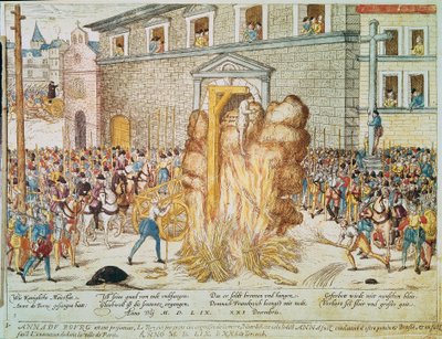 Guerra religiosa: esecuzione del magistrato protestante francese Anne du Bourg (1521-1559) il 23/12/1559 in Place de Greve a Parigi da Franz Hogenberg