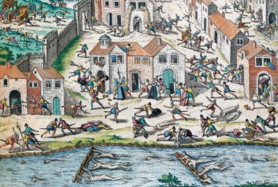 Scena dalle Guerre di Religione francesi, incisione da Franz Hogenberg