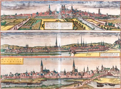 Veduta di Munster (Monasterium), Osnabruck (Osnabrugum) e Wesel (Weselia), Germania (Incisione) da Franz Hogenberg