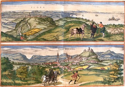 Veduta di Vejer de la Frontera (Vegel) e Velez Malaga (Velis Malaga), Spagna da Franz Hogenberg