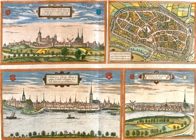 Vedute e piani di Cleves (Cliviam), Duisburg (Duisburgum), Emmerich am Rhein (Embrica) in Germania e Genappe in Belgio da Franz Hogenberg