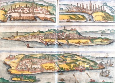 Vedute di Casablanca e Azemmour in Marocco, Diu e Goa in India da Franz Hogenberg