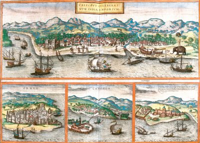 Vedute di Kozhikode o Calicut (India), Ormuz (Iran), Cannanore o Kannur (India) e St. George della miniera o Elmina (Ghana) da Franz Hogenberg