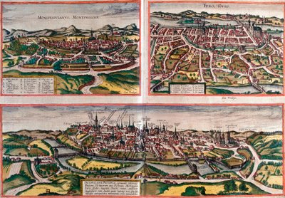 Vedute di Montpellier (Monspessulanus), Tours (Turo) e Poitiers (Pictavis), Francia da Franz Hogenberg