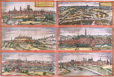 Vedute di Monaco (Monacum), Ingolstadt (Ingolstadium), Freising (Frisingensis), Nordlingen (Nordlinga), Ratisbona (Ratispona) e Straubing (Stravbinga), Germania da Franz Hogenberg