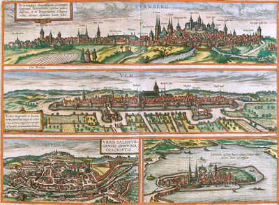Vedute di Norimberga (Nurnberga), Ulma (Ulma), Lindau (Lindola), Germania e Salisburgo (Salisburgensis) in Austria da Franz Hogenberg