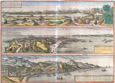 Vedute di Siviglia (Sevilla), Cadice (Cadiz) e Malaga, Spagna (acquaforte) da Franz Hogenberg