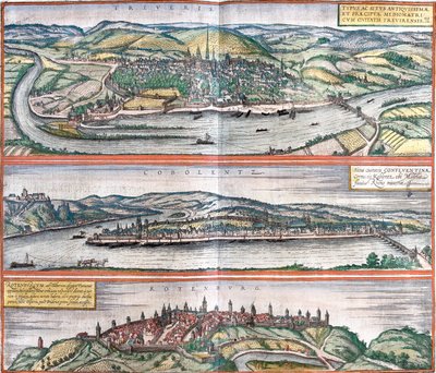 Vedute di Treviri (Treveris), Coblenza (Coboletz) e Rothenburg (Rotenburgum), Germania da Franz Hogenberg