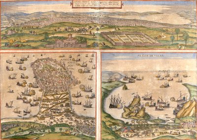 Vedute di Tunisi e Mahdia in Tunisia, e Penon de Velez de la Gomera o Badis, conteso tra Spagna e Marocco da Franz Hogenberg