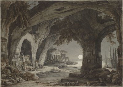 Paesaggio ideale con grotta di roccia, tombe e rovine al chiaro di luna, c. 1790 da Franz Innocenz Josef Kobell