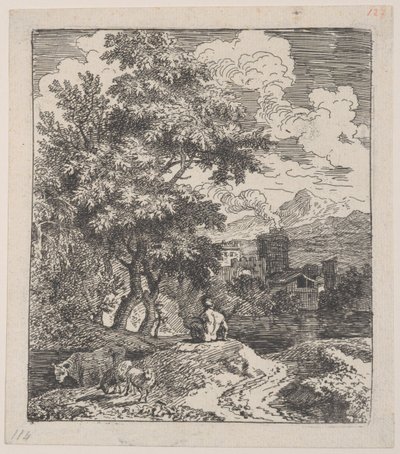 Tavola 3: un pastore seduto su una collina, una mucca e due pecore a sinistra, e una città a destra, ca. 1700-25 da Franz Joachim Beich