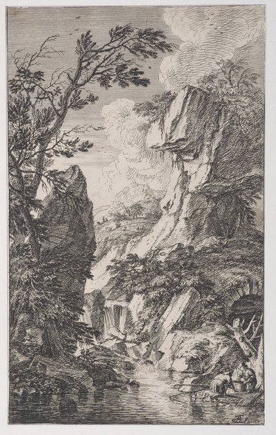 Tavola 4: due pescatori sulla riva di un ruscello a destra, una cascata al centro da Franz Joachim Beich