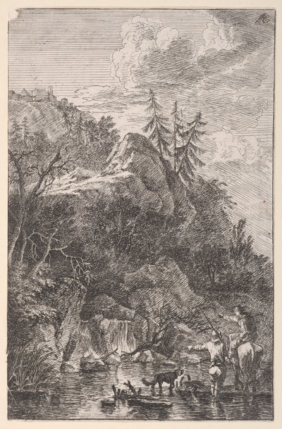 Tavola 5: figura femminile a cavallo e figura maschile con un cane in piedi in una strada, ca. 1700-25 da Franz Joachim Beich