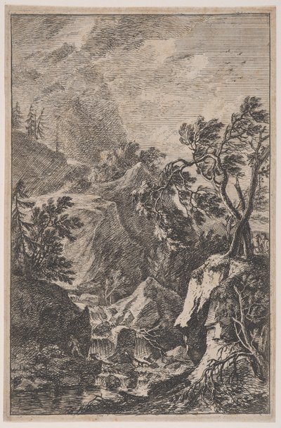 Tavola 6: due figure maschili in piedi su una roccia a destra, una cascata al centro, ca. 1700-25 da Franz Joachim Beich