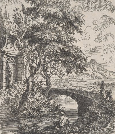 Lastra 7: due figure a destra pronte ad attraversare un ponte di pietra, un pescatore in primo piano... da Franz Joachim Beich