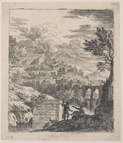Due pastori che riposano accanto a un piedistallo, un acquedotto a destra sullo sfondo, ca. 1700-25 da Franz Joachim Beich