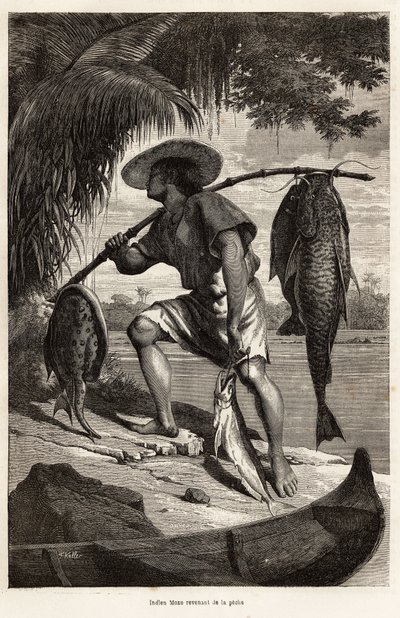 Indiano Moxo (Mojo, Moxeno) (della regione del Mato Grosso) di ritorno dalla pesca, incisione dopo un disegno del narratore, illustrando un viaggio di esplorazione sull