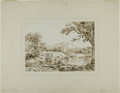 Paesaggio con fiume, colline lontane e figure che pescano in primo piano da Franz Kobell