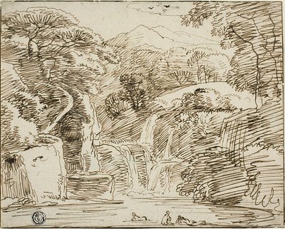 Ninfe che fanno il bagno vicino alle cascate in un paesaggio montano da Franz Kobell